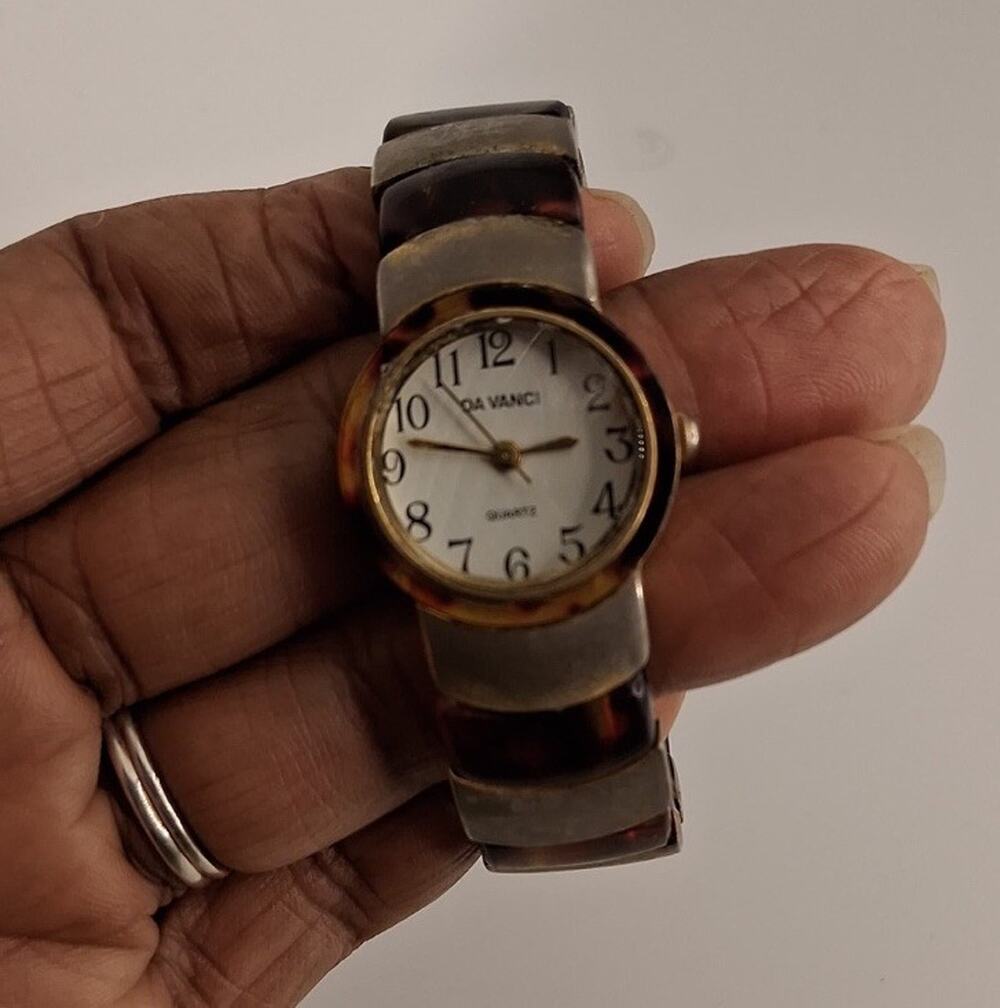 Womens DA VINCI Tortoiseshell Acrylic Metal Link Cuff Quartz Watch Easy